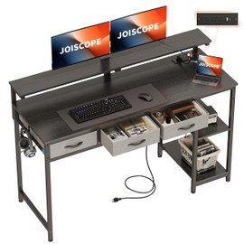 JOISCOPE Home Office Desk with Power Outlets (3AC, USB, Type-C), 55 × 20 Inch Computer Desk with 3 Drawers & Shelves, Laptop Table with Display Riser, Gaming Study Drafting Table for Bedroom, Black