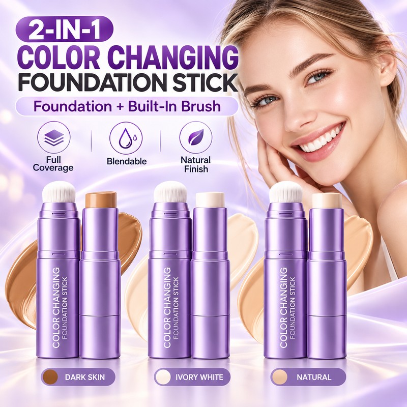 2-in-1 Color-Changing Foundation Stick with Built-In Brush, Natural Shade