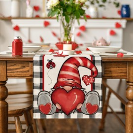 Artoid Mode Buffalo Plaid Gnome Valentine's Day Table Runner, Holiday Kitchen Dining Table Decoration for Home Party Indoor 13x72 Inch