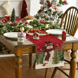 Artoid Mode Snowman Birds Scarf Trees Christmas Table Runner, Seasonal Winter Xmas Kitchen Dining Table Decoration for Home Party Decor 40x140 cm