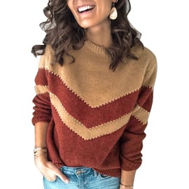 Ancapelion Women’s Casual Long Sleeve Chunky Jumper V Stripe Colour Block Sweater Crew Neck Knit Pullover Tops Knitwear