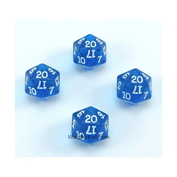 Wondertrail WKP02845E4 Blue Transparent Dice with White Numbers D20 16mm (5/8in) Pack of 4 Dice Koplow Games