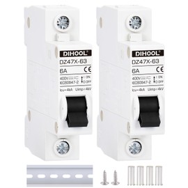 DIHOOL AC/DC Miniature Circuit Breakers, 2 Pack, Single Pole 6 Amp, 12V 24V 48V 400V, Non Polarized, Solar Disconnect Switch, DIN Rail Mount, RV Battery Isolator, PV Array MCB, Thermal Magnetic Trip