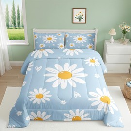Homewish Daisy Comforter Set Twin Size White Flower Leaves Bedding Set 2pcs for Kids Boys Girls Women Bedroom Decor,Botanical Garden Artwork Quilt Set Soft Polyester Blue Duvet Insert,1 Pillowcase