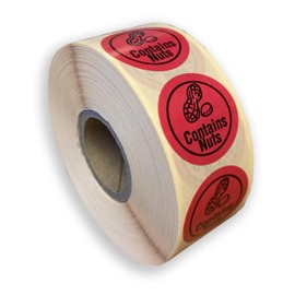 1000 x roll 25mm Round red Contains Nuts Labels Permanent allergen Safety Stickers