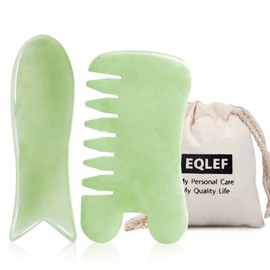 EQLEF Jade Gua Sha Scraping Massage Tool 2 Pcs Natural Jade guasha Board Handmade Fish-Shaped Guasha Scraper and Guasha Comb Tools for SPA Trigger Point Message on Face Arm Foot