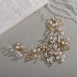 Teyglen Gold Wedding Hair Vine Bridal Crystal Pearl Headband Handmade Rhinestone Headpiece for Bride Wedding Headband Hair Accessories for Women Party Prom(Gold)