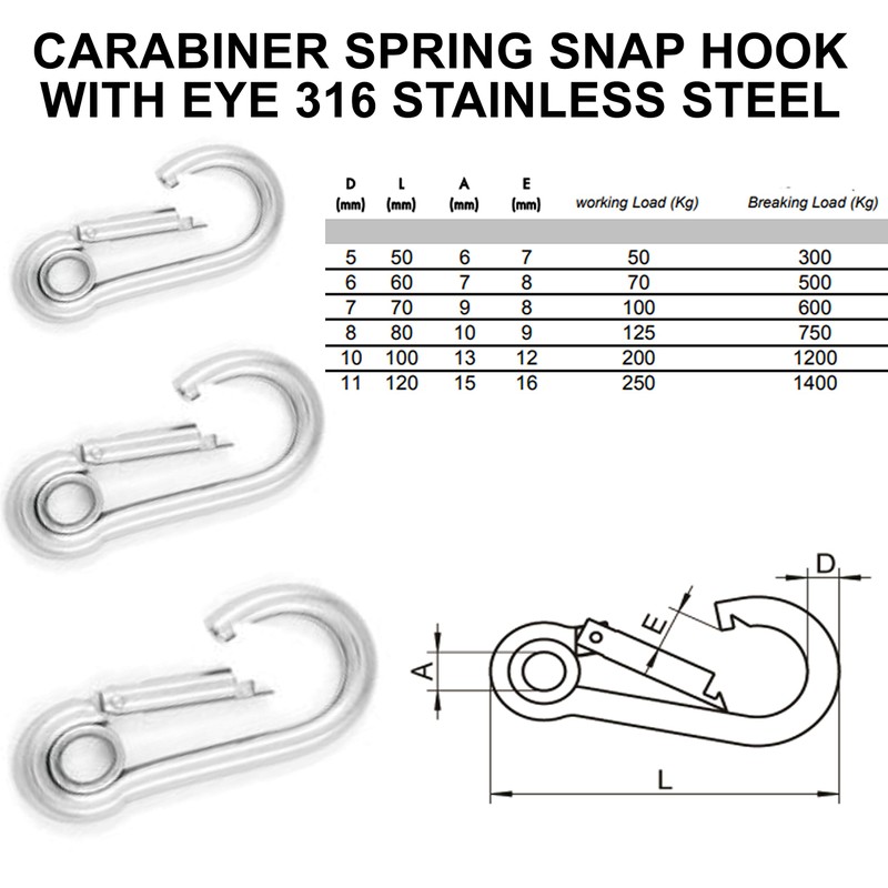 Spring Snap Eyelet Hook 316 Marine Stainless Steel Climbing Locking