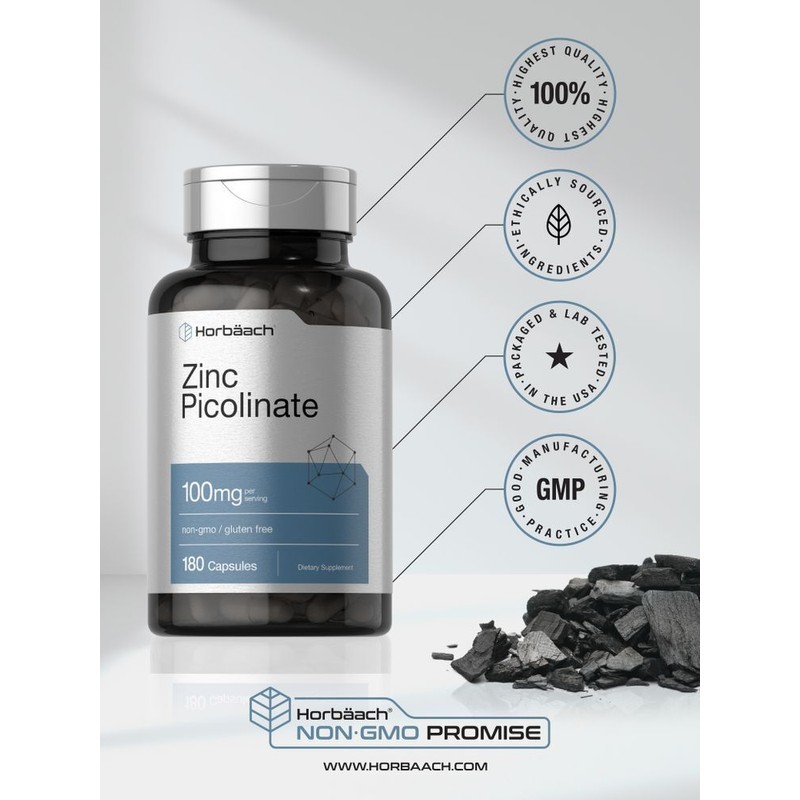 Horbäach Zinc Picolinate 100mg | 180 Capsules | High Potency,