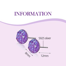 Druzy Stud Earrings, 8mm Silver-tone Faux Druzy Earrings, 925 Sterling Silver Crystal Studs Earrings for Women Christmas Gift for Her(Purple)
