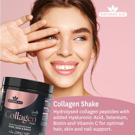 Natures Aid Collagen Shake Powder 8000 mg, Premium High Strength Hydrolysed Bovine Collagen Peptides with Added Hyaluronic Acid Selenium Biotin and Vitamin C, Vanilla, 225 g