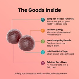 Halal Certified Iron Gummies - Vegan Iron 20mg Gummy Supplement with Vitamin C - Non-Constipation, High Absorption, & Accurate Dosing - 60 Count, Tasty Berry Flavor