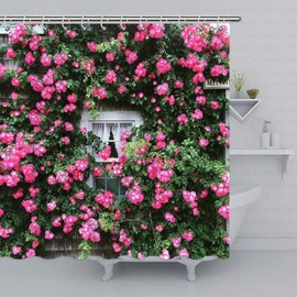 Gaakvrr Roses Cottage Shower Curtain, Window Flowers Curtain, 3D Garden Shower Curtain Washable Waterproof Curtains Set with 12 Hooks for Bathroom 72x72 Inch(183x183CM)