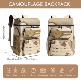 Tiny Chou Cooler Backpack, 30 Cans Insulated Backpack Cooler, 23L Tactical Double Deck Leakproof Cooler Bag, Waterproof Beach Travel Camping Hiking Picnic Lunch Backpack for Men Women, Khaki