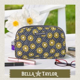 Bella Taylor Large Quilted Cotton Makeup Pouch for Women, Travel Cosmetic Bag, Quilted Cotton Dotted Daisy Charcoal Floral