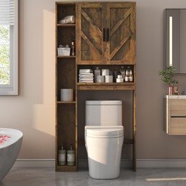 Over The Toilet Storage Cabinet with 7 Storage Shelves, Above Toilet Bathroom Organizer with Toilet Paper Holder Stand, Behind Toilet Cabinet, Space Saver for Restroom, Bathroom, Laundry, Brown