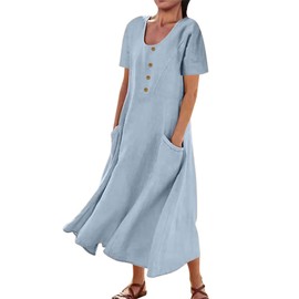AUDATE Maxi Dress for Women Summer Linen Cotton Short Sleeve Dress Solid Loose Crew Neck Beach Long Dress Light Blue M