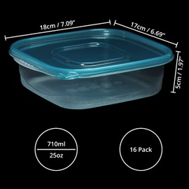 FRESHLY CONTAINED Food Storage Containers with Lid, Plastic Square (Pack of 16), 710 ml, Reusable Plastic Containers with Lid, BPA-Free, for Freezing/Microwaving/Dishwasher, Lunch Box Set, Airtight