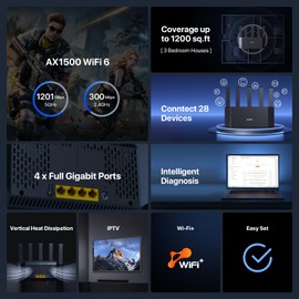 Tenda AX1500 WiFi 6 Router (RX2L Pro)- Smart Dual Band Gigabit WiFi Routers for Home, Vertical Design with 4 GE Ports, Long Range Coverage, VPN Support, WPA3, Easy Setup & Parental Controls