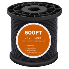 500FT T316 Black Stainless Steel Cable 1/8 inch, Black Aircraft Cable for Deck Railing, 7 x 7 Strands Construction Braided Steel Cable, Black Wire Cable for Wood Posts