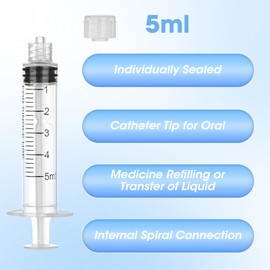 5 ml Luer Lock Syringe for Liquids, Syringe with Cap, 30 Pack Individually Wrapped