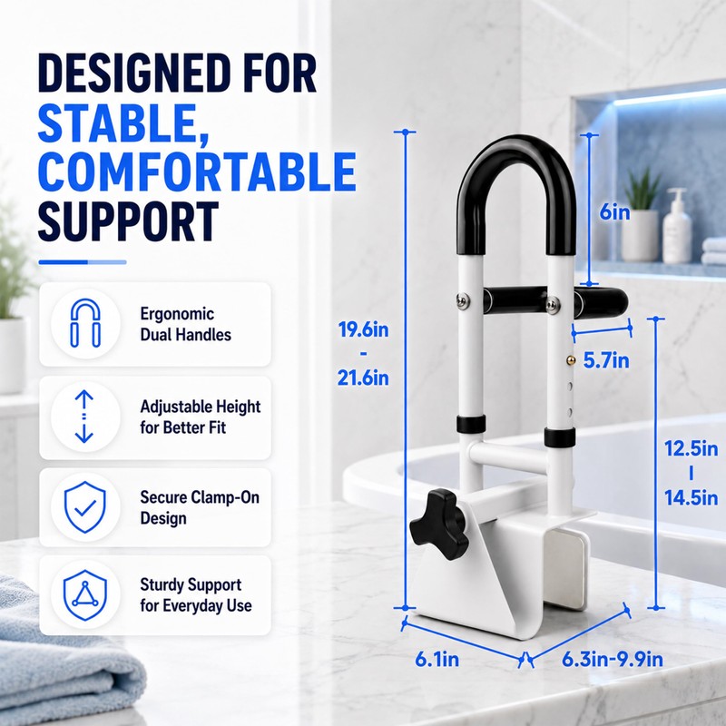 Bathtub Safety Grab Rail for Seniors, Fits 3.4 to 6.6"