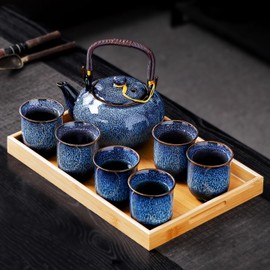REOWONU Traditional Japanese tea set, Kiln altered glaze Porcelain tea set with 1 teapot (23.5oz/700ml), 6 teacups (4oz/120ml), 1 Tea Tray,Japanese teapot set, Asian tea sets (Kiln altered Blue)