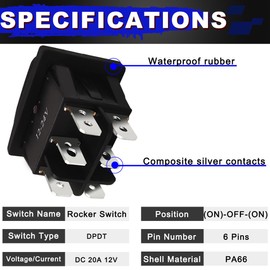 MKBKLLJY 3 Piece Momentary Polarity Reverse Switch Waterproof DC 20A 12V Rocker Switch Double Reset 6 Pin (ON) Off (ON) KCD4 Blue LED Light Illuminated 8-Piece Connection Cable Cap