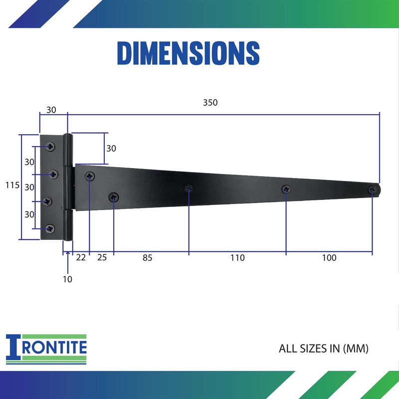 IRONTITE® 3 Pack Black T Hinges 350mm (14"), Gate Hinges