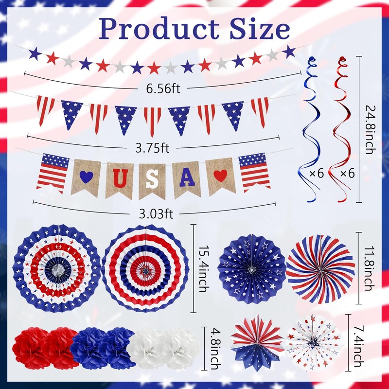 4th of July Patriotic Decorations Set Red White Blue Paper