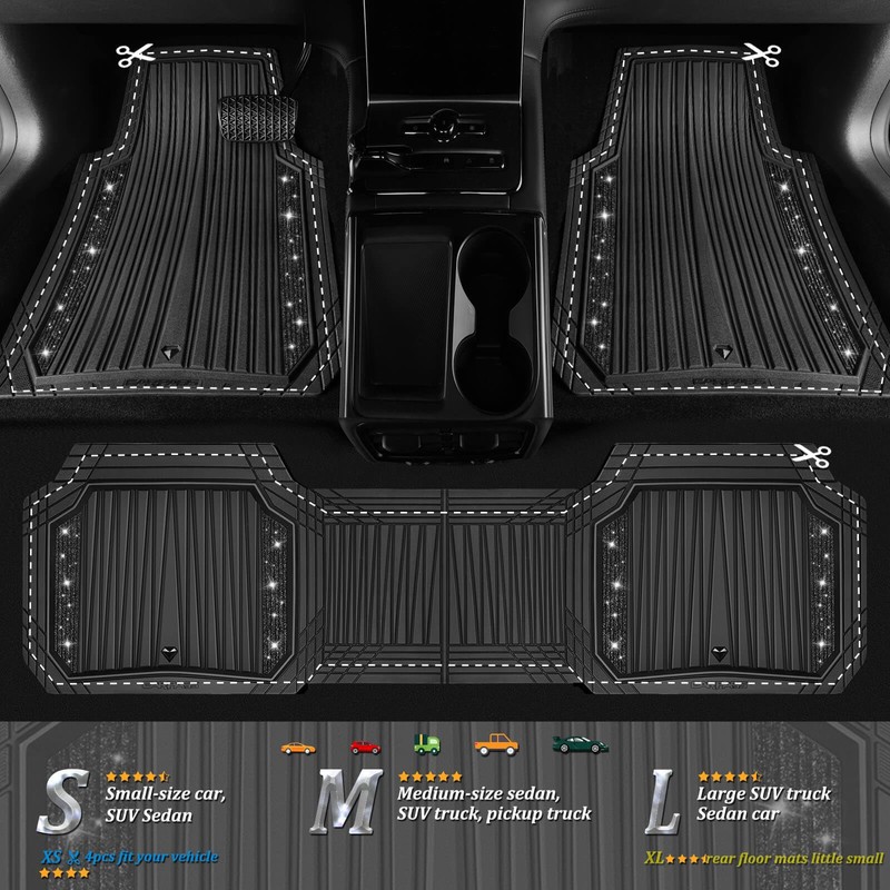 Bling Glitter Car Floor Mats Heavy Rubber Deep Water Proof,