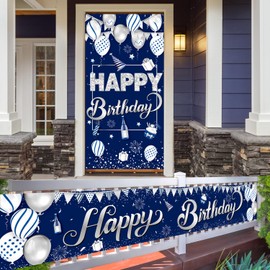 Blue and Silver Door Banner Decorations, Blue Silver Happy Birthday Large Door Cover Decor,Happy Birthday Yard Sign Banner,Large Happy Birthday Banner for Outdoor Birthday Decoration.