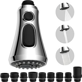 Pull Down Kitchen Faucet Head Replacement with 9 Adapter Kit, 3 Function Kitchen Faucet Sprayer Head, Pull Out Spray Head For Kitchen Faucet Kitchen Tap Sprayer Spout, Chrome Finish