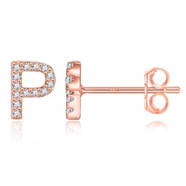 14K Rose Gold Plated CZ Alphabet Letter Earrings Initial Earrings for Girls Cubic Zirconia P Initial Earrings CZ Simulated Diamond Stud Earrings