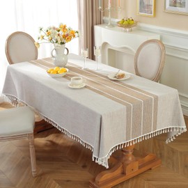 Cenebonxy Rustic Table Cloth Rectangle Table Cloths, Cotton Linen Tablecloth, Farmhouse Rectangle Tablecloth for Kitchen Dining Room, 55x86 Inches, Coffee Lines