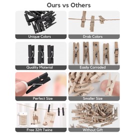 Mini Clothes Pins for Photo, Black Small Colored Clothespins 100 Pack Wooden Rainbow Colorful Picture Clips with 32 FT String for Crafts, Little Baby Shower, Display Artwork