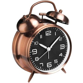 Jisile Double Bell Alarm Clock with Night Light, Retro Children's Alarm Clock Analogue with Large Dial of 4 Inches, No Ticking, Silent School Gift (Brown)