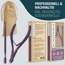 KLINGENHELD® Precise Cuticle Nippers with 1 Cuticle Pusher - Very Smooth & Extra Sharp - Includes Travel Case Made of Cotton 100% Plastic-Free & Sustainable - Cuticle Scissors, Cuticle Cutter
