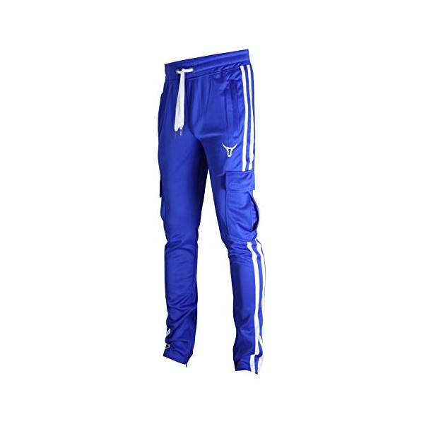 SCREENSHOT-S41900 Mens Hip Hop Premium Slim Fit Cargo Pocket Track Pants - Athletic Jogger Bottoms with Side Taping-Royal-Small