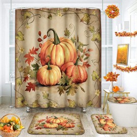 Tayney Bathroom Sets with Shower Curtain and Rugs, 4 Pcs, Pumpkin Fall
