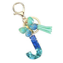 SUIKIHUM Initial Letter Keychains, (1.5"x1.06" Mini Letter Butterfly KeyChain) Resin Tassel Pendant Cute Car Keychain for Wallet Handbags Backpack, Blue (J)