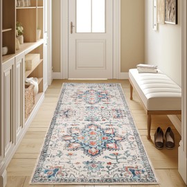 Puremy 2x6 Runner Rug Washable Hallway Carpet Vintage Boho Kitchen Mat, Non Slip Low Pile Floral Print Area Rugs for Porch Bedroom Living Room Home Decor, Cream