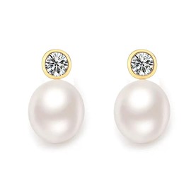 Trendlooks Dainty Freshwater Cultured Pearl Minimal Earrings Teardrop Pearl Cubic Zirconia Earrings Gift for Women (GOLD)