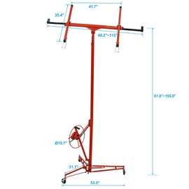 13FT Drywall Lift, Heavy Duty Sheetrock Hoist with Winch - 150 Lbs Adjustable Telescopic Arm, 360° Rotatable Panel Hoist, Locking Casters, Foldable Sheetrock Lifter for Ceiling and Home Improvement