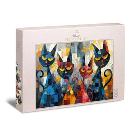 Puzzle per gatti, 1000 pezzi, società chiusa, gatti cubisti con occhi cubici senza un caloroso benvenuto, ritratto di animali urbani per amici d'arte e appassionati di gatti, made in Germany