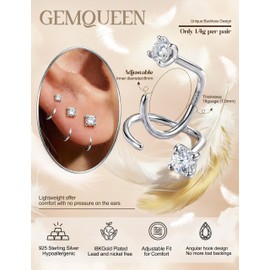 GEMQUEEN 3 Pairs 925 Sterling Silver Backless Half Hoop Earrings, CZ