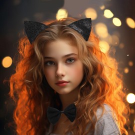 YUYWWAN Cat Costume Accessory Set, Cat Ears Headband Cat Tail Short Plush Bow Tie, Black Cat Costume Cosplay Set for Women Carnival Role Play Accessories