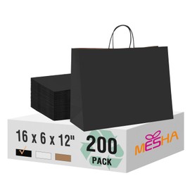 MESHA Gift Paper Bags 200 Pack 16X6X12 Black Large Shopping Kraft Bags Bulk with Handles Reusable for Business,Grocery,Birthday,Wedding,Kids Party,Favors