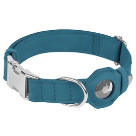 BUDKAS Leather Dog Collar with Airtag Holder - Soft Adjustable Airtag Dog Collar with Metal Buckle - GPS Tracking Pet Collar for Small Large Dogs Puppies Cats (Dark Blue, XS, 9"-12" Neck Fit)
