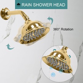 GUOWENYING 6 inch Wall Mount Antique Vintage Rain Shower Head with Shower Arm, High Pressure for Luxurious Bathrooms Rainfall Experience, Polished Gold
